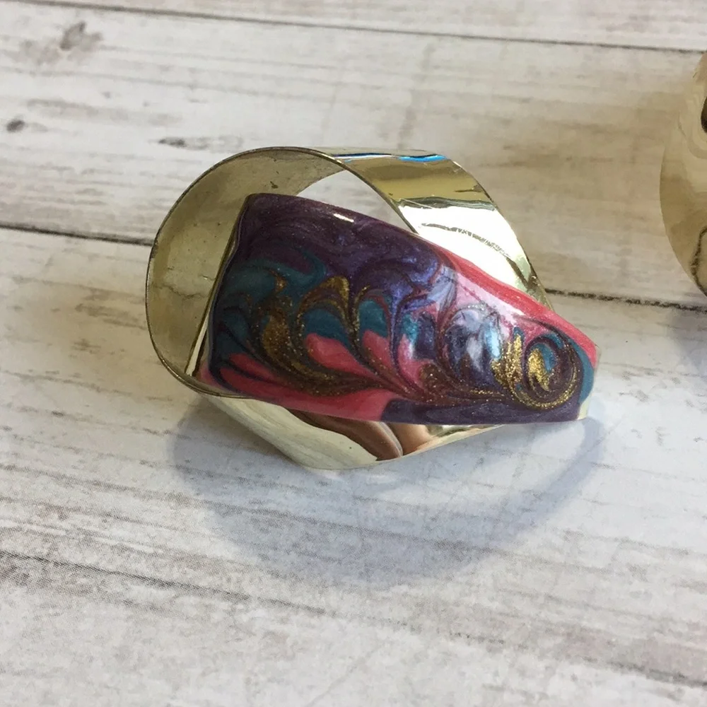 Vintage Enamel  Swirl Pattern Earrings 80's Multicolor Gold Tone Bright Colors